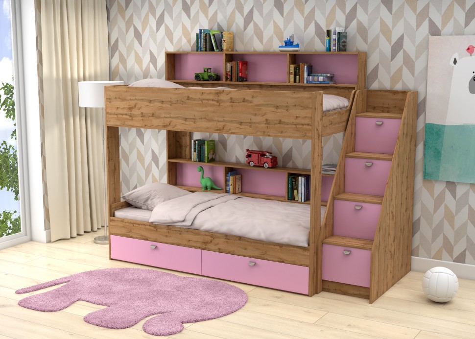 Двухъярусная кровать Golden kids 10 дуб вотан розовый
